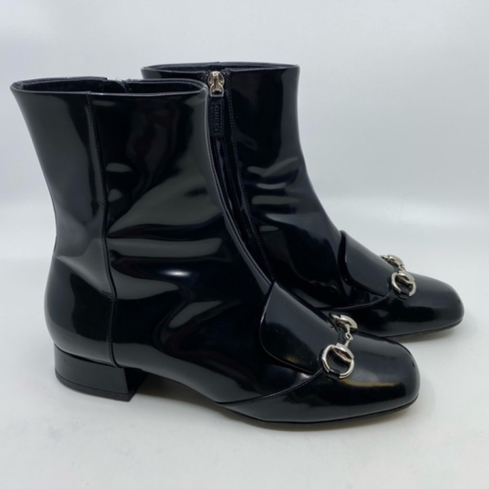 Gucci Patent Leather Horsebit Ankle Boots